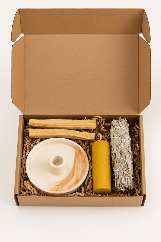 Ritüel arınma seti adaçayı palo santo balmumu ve seramik tütsülük